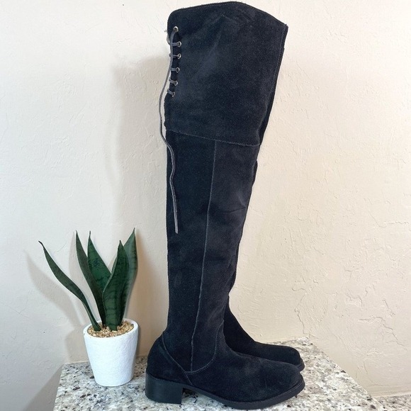 Klub Nico Shoes - Womens Black Suede Over The Knee Boots Lace Up Back Block Heel Size 8
